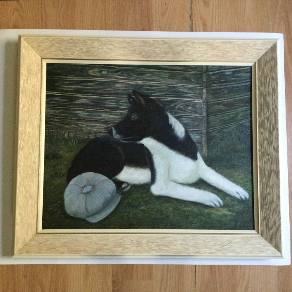 Original art oil painting on canvas board dog portrait black and white dog